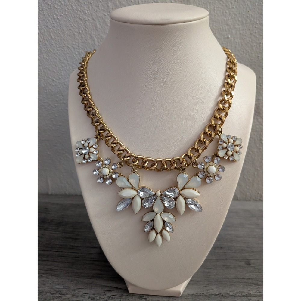 Gold Tone Statement Bib Necklace White Floral Crystal Chunky Chain Bridal Prom